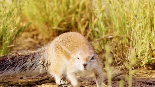 A close full body shot of a male African Ground Squirrel searching for food while standing on his hind feet, Kgalagadi Transfrontier Park.