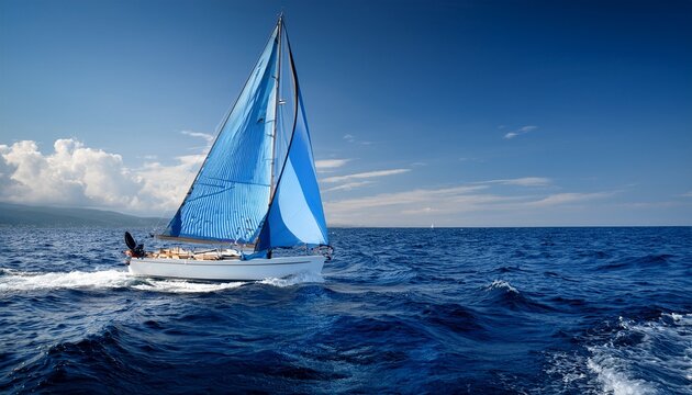 sailboat with blue sails on waves