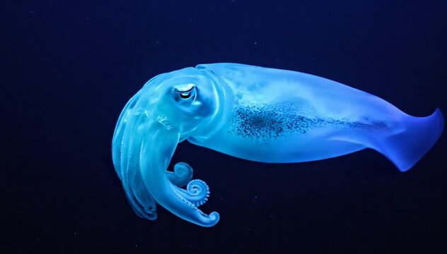 Ethereal Blue Squid Drifts in Dark Ocean Depths