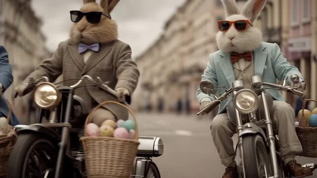 Two rabbits riding motorcycles, wearing sunglasses and suits. The rabbits ride along a city street on their motorbikes, with a basket of eggs, ready for the upcoming holiday