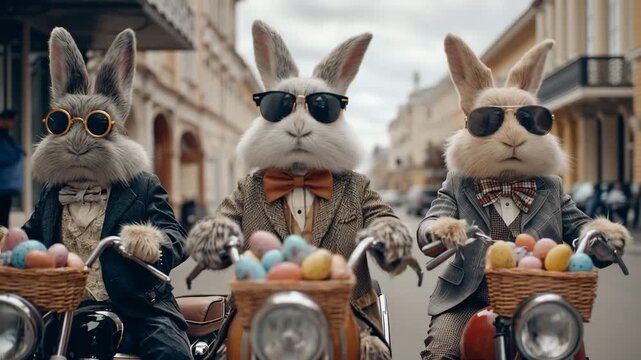 Three stylish rabbits wearing sunglasses, riding motorcycles, and carrying Easter eggs