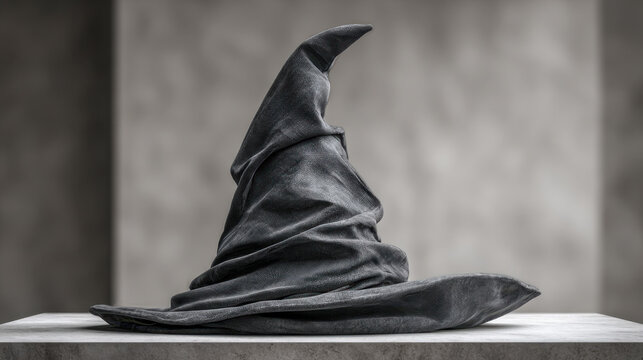 Black fantasy witch hat with a pointed top and worn texture sitting on a wooden surface against a blurred gray background with soft lighting