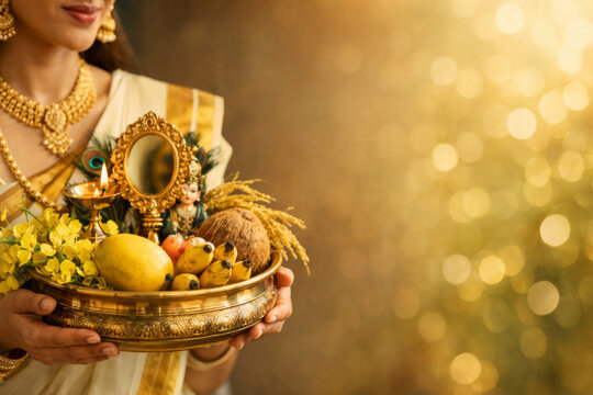 Vishu festival celebration with Vishukani uruli, jewelry and oil lamp in female hands, Kerala New Year.