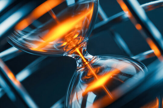 Stunning macro shot of a transparent hourglass illuminated by dynamic orange and blue light reflections creating a futuristic and captivating visual effect