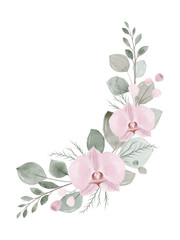 A rustic-style watercolour floral arrangement. Pastel pink orchids and buds, and green branches with leaves. An elegant, handcrafted botanical design for wedding invitations, greeting cards, and life © Елена Демчишина