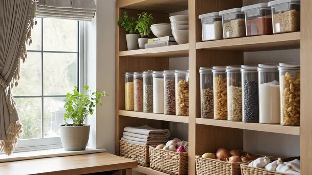 A well-organized pantry showcasing a variety of food storage solutions