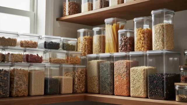 A well-organized kitchen pantry with various dry goods stored in clear containers, showcasing a blend of functionality and style. The arrangement highlights a neat, efficient storage solution. 