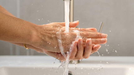 Fototapeta premium Washing hands with water and soap for hygiene