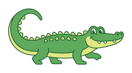 Obraz premium A cute, friendly green crocodile character walking with a happy smile. This cartoon vector illustration is perfect for children's books, educational materials, and fun mascots.