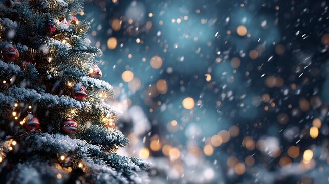 Christmas winter blurred background with Xmas tree