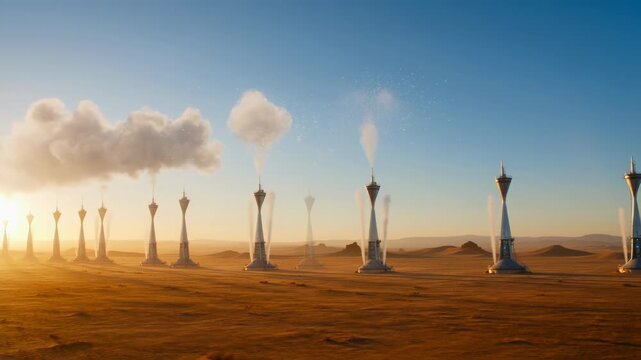 Science fiction towers emitting vapor on a desert landscape under a clear sky