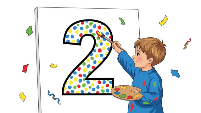 Boy Painting Colorful Number Two Decoration.
