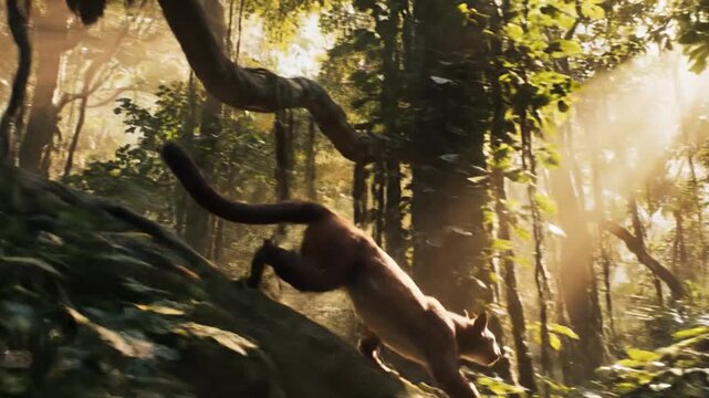 Fossa hunting through a dense Madagascar rainforest canopy