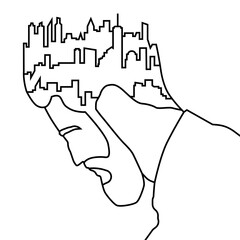 Obraz premium The silhouette of a person with a city as a burden of thoughts in a thin line.