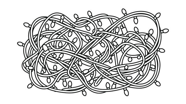 A messy vector illustration of tangled Christmas lights. This black and white line art depicts holiday stress, preparation chaos, or a complex problem. Perfect for festive designs.