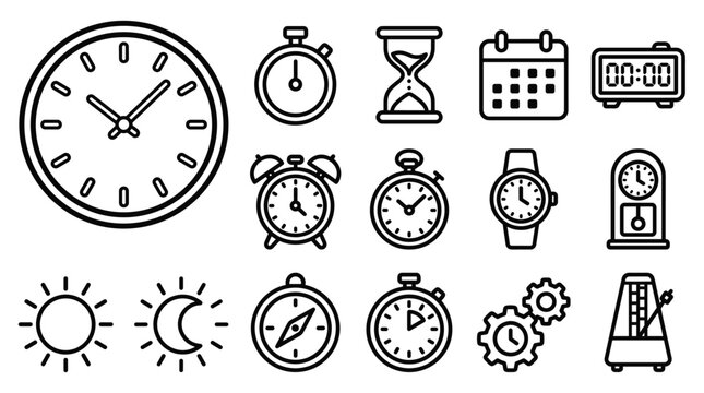 A set of universal time measurement line icons. Includes clock, calendar, stopwatch, and timer symbols. Perfect for UI/UX design, apps, websites, and infographics.