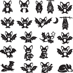 Fototapeta premium Cute Bat Character Icon Set – 25 Black Solid Flying Bat Icons.