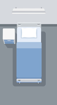 Minimalist Hospital Room Illustration: Top-Down View of Bed, Nightstand, and Overhead Lighting