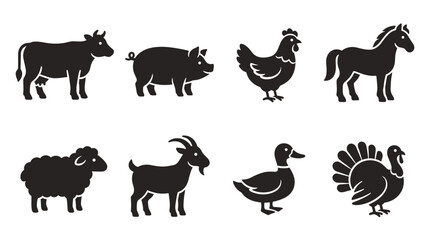 A set of black farm animal silhouettes. Includes cow, pig, chicken, horse, sheep. Simple vector icons for agriculture, food, and livestock logos or design elements.