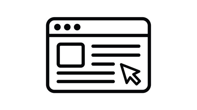 Simple black line icon of a browser window with a cursor. Symbol for website, internet, clicking, and user interface. Ideal for web design, tech, and digital marketing concepts.