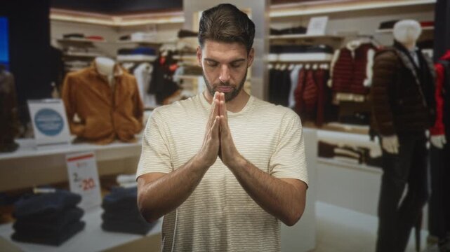 Man with beard presses bare hands together in prayer pose amid folded sweaters and mannequins in a retail building; calm contemplation.
