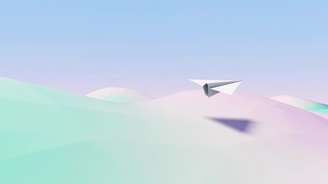 ?Paper airplane soaring over pastel mountains in serene sky