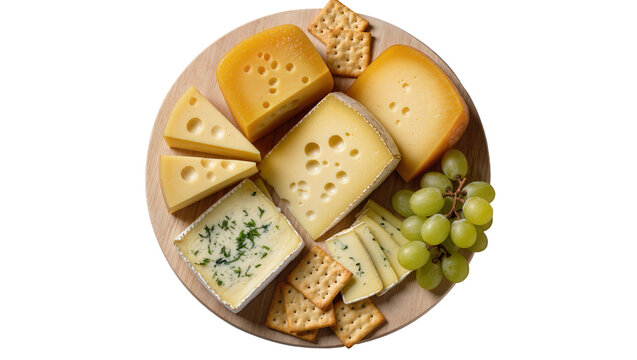 Isolated elegant cheese board with assorted gourmet cheeses, crisp crackers, and fresh green grapes.