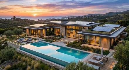 Fototapeta premium Modern sustainable luxury villa with solar panels on the roof and a crystal clear swimming pool at sunset