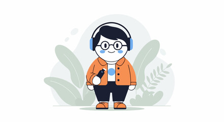 Friendly cartoon character with headphones and microphone, surrounded by stylized leaves