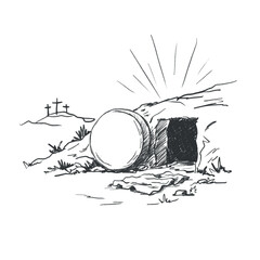 Minimalist illustration empty tomb of Jesus Christ symbolizing resurrection, hope. Christian Easter concept with open stone tomb, soft warm tones, spiritual, biblical theme. Vector   © Julia
