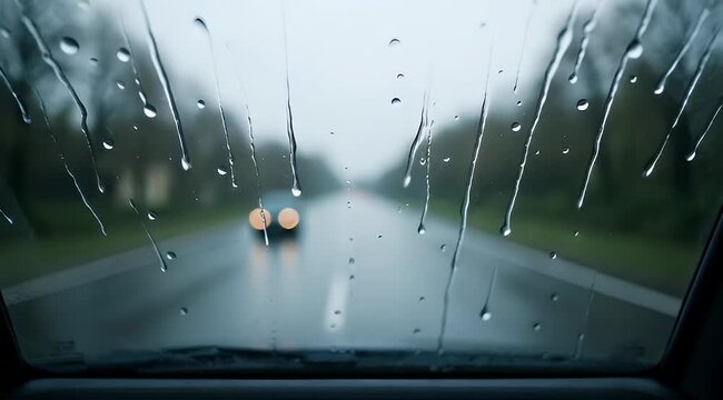 Driving in heavy rain with low visibility on a country road