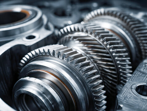 Detailed view of interconnected metallic gears and cogs inside a mechanical gearbox showing precision engineering and industrial machinery components in high definit