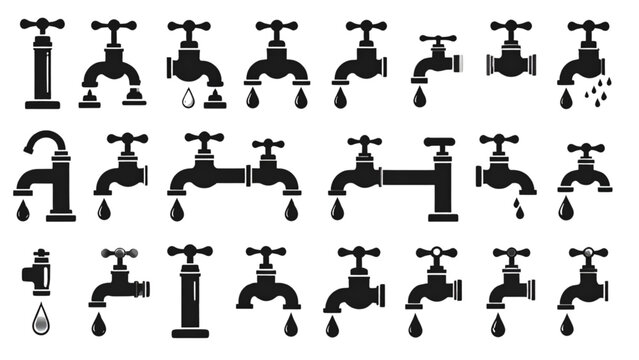 Set of various modern and retro water faucet and tap icons, emphasizing plumbing and water conservation.