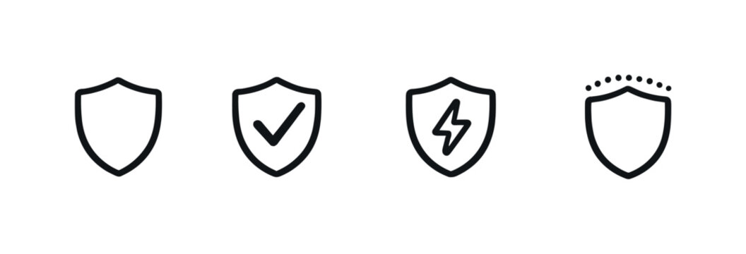 Minimal monochrome row of shield icons showing security, verification checkmark, energy bolt, and protected emblem on a smooth gradient background