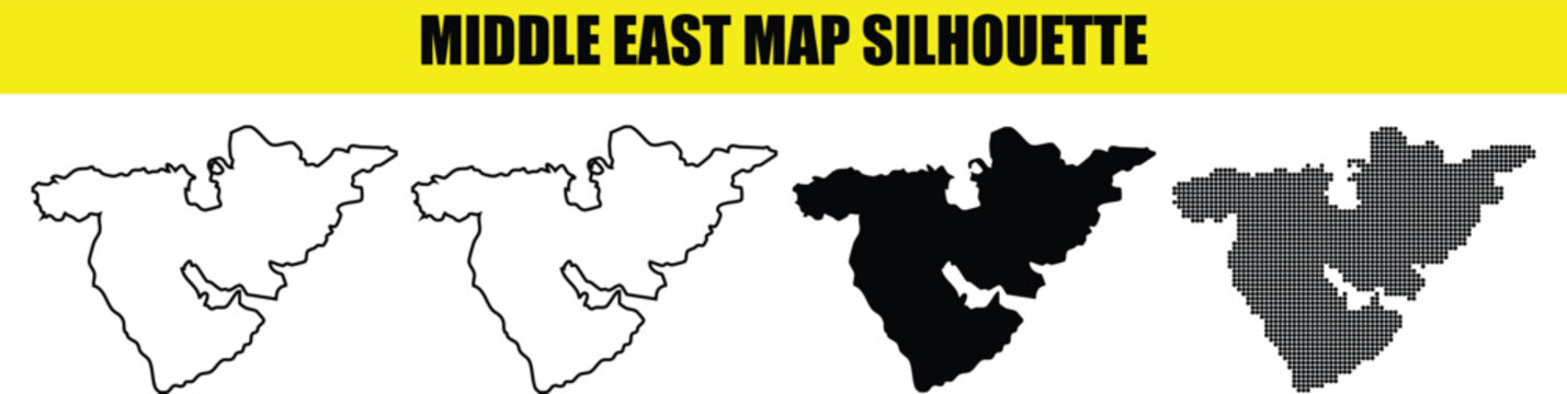 Middle east map silhouette pack showing regional borders with outline and dot patterns on transparent background