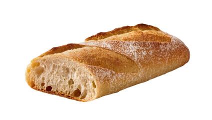 Isolated fresh baked crusty French baguette cut open showing porous texture of warm bread