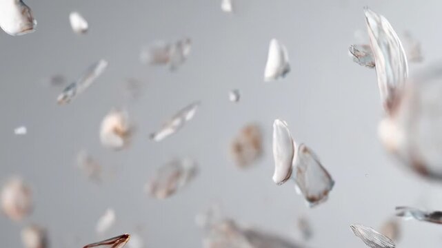 ?Shattering glass pieces falling and scattering on surface