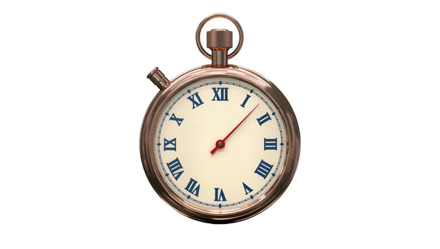 Isolated precise vintage copper stopwatch with classic Roman numerals and red hands
