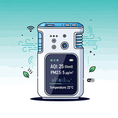 Naklejka premium Illustration of a modern air quality monitor device showing readings outdoors on a clean day with good air quality and temperature display.