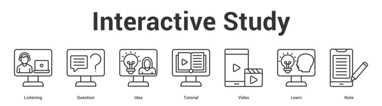 Interactive Study web banner icon set vector illustration concept for business with icon of Listening, Question, Idea, Tutorial, Vid.