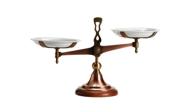Isolated ornate vintage brass and copper balance scale used for weighing measurements
