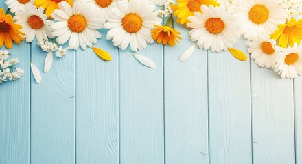 Obraz premium Vibrant daisies on distressed light blue wooden background with petals