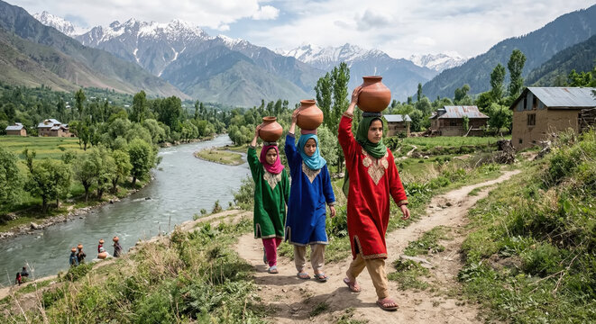 Young girls carry water pots on their heads in a scenic mountain village with a river