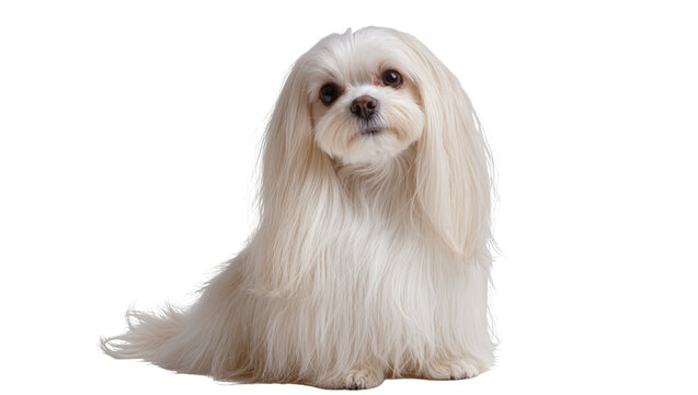 Isolated cute long-haired white Maltese dog sitting patiently and looking directly at camera