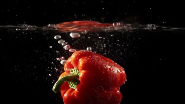 Red bell pepper plunging into water with splashes and bubbles