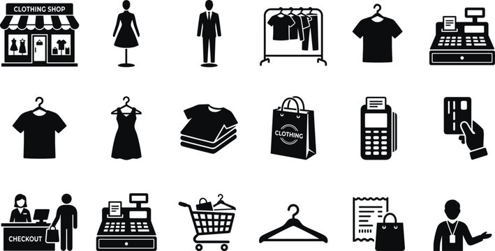 Professional Clothing Shop and Retail Icon Set Featuring Fashion Storefronts Mannequins Cash Registers Credit Card Payments and Apparel Display Silhouettes