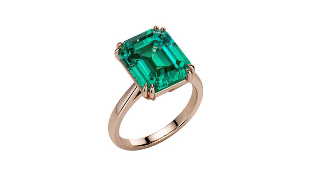 Isolated elegant rose gold ring with a sparkling emerald cut green gemstone jewel
