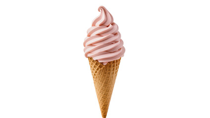 Isolated pink soft serve ice cream cone, sweet frozen dessert treat in a waffle cone