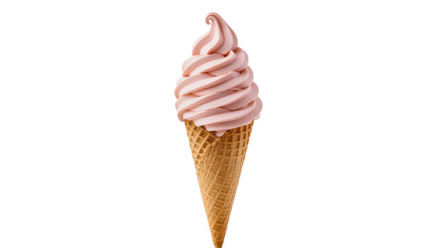 Isolated pink soft serve ice cream cone, sweet frozen dessert treat in a waffle cone
