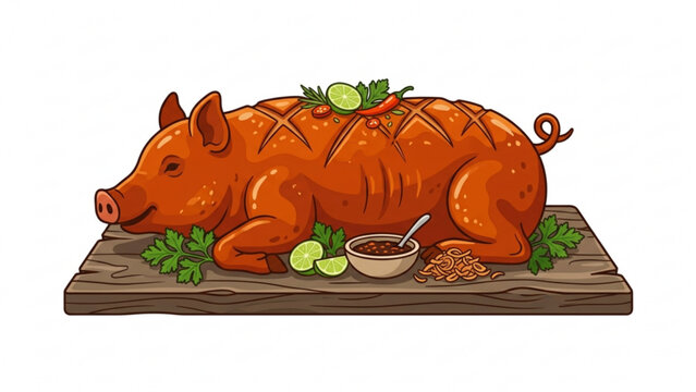 Traditional whole roasted pig served on a wooden board with garnish